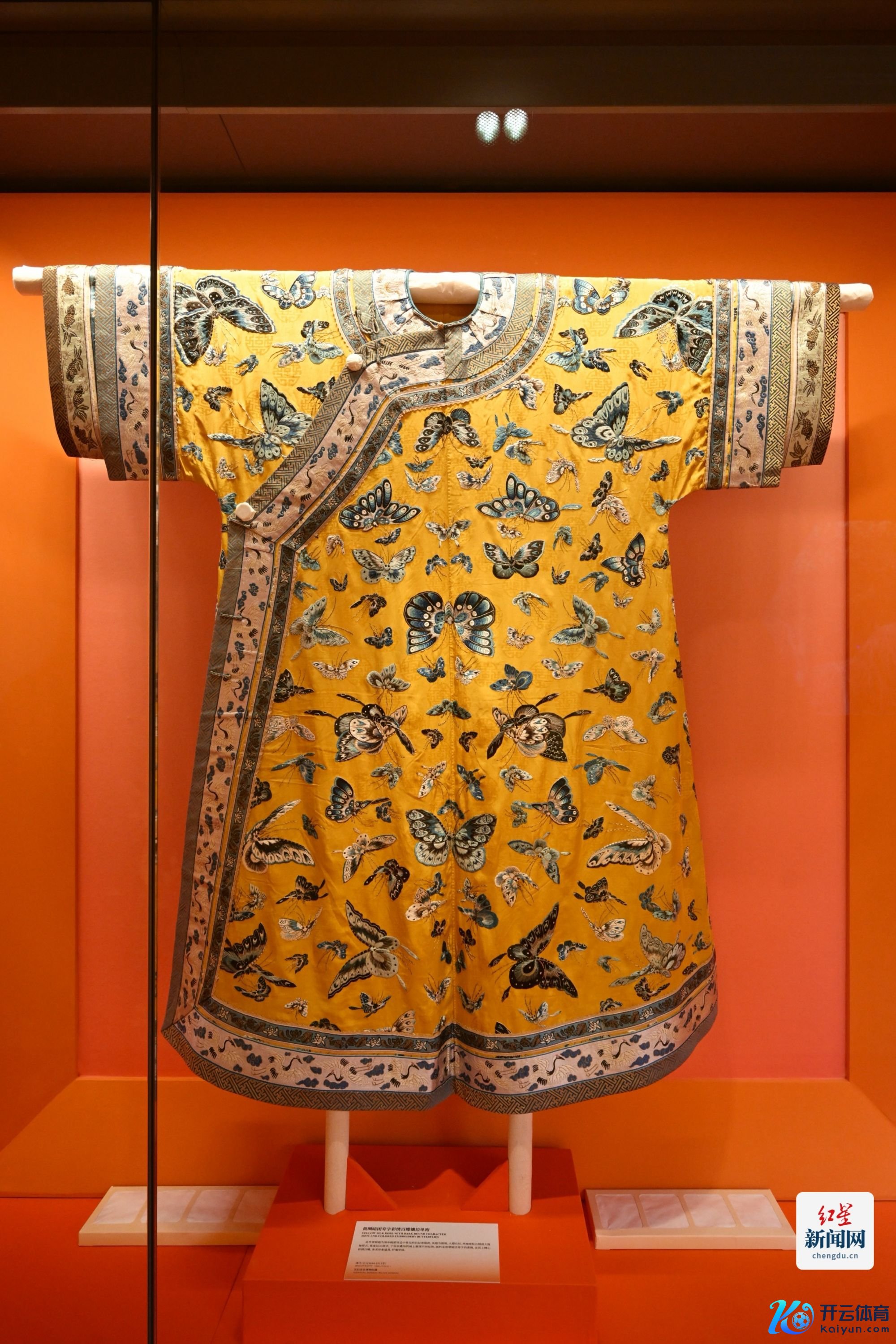 清黄绸暗团寿字彩绣百蝶镶边单袍